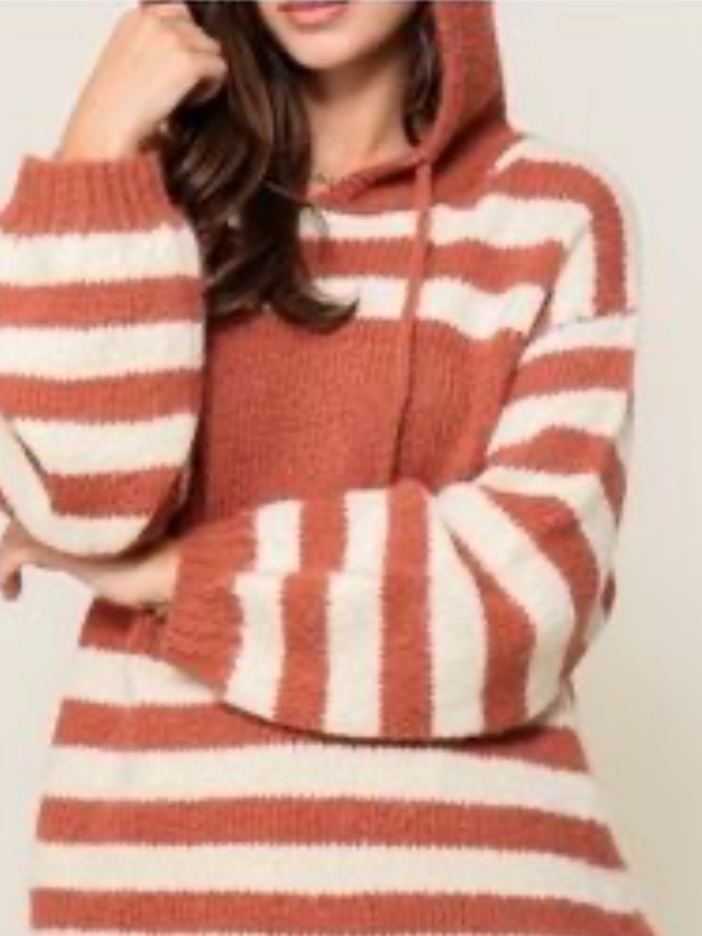 Lumiere Knit Hoodie Fuzzy Textured Terracotta Cream Striped Sweater Large NWT